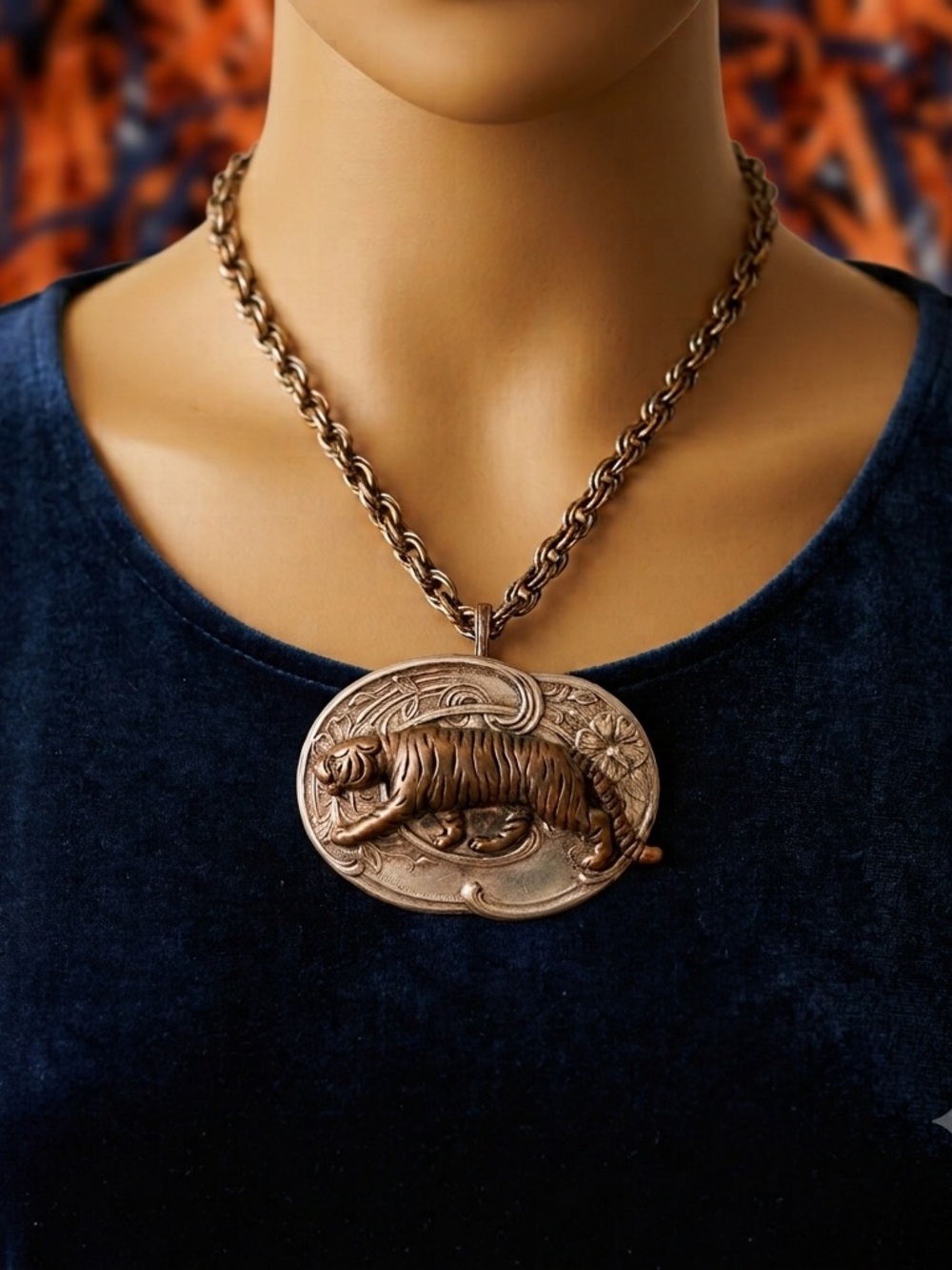 RARE Vintage Mixed Metal Tiger Statement Pendant Art Nouveau Oval Auburn GameDay - Picture 13 of 13